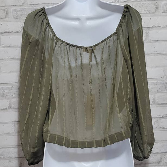 NWT BCBGeneration Sheer Olive Green Blouse Off Shoulder Womens Large - Picture 2 of 4